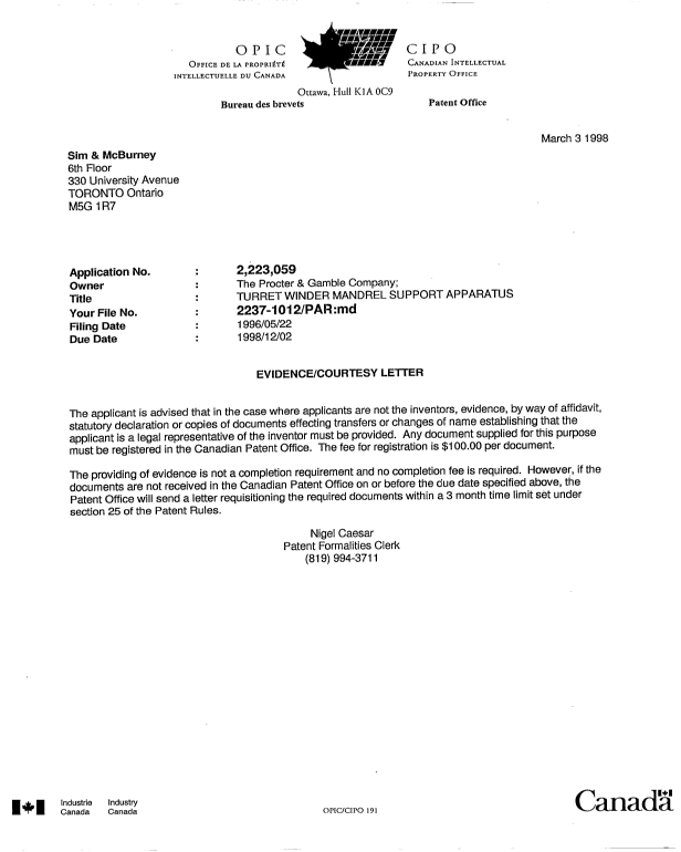 Document de brevet canadien 2223059. Correspondance 19980303. Image 1 de 1