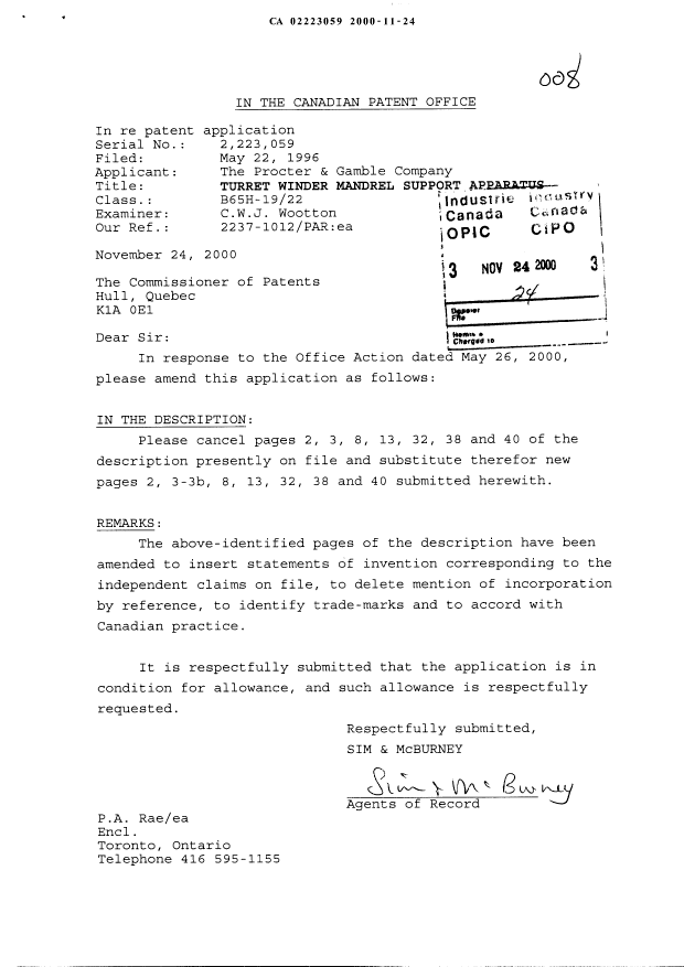 Document de brevet canadien 2223059. Poursuite-Amendment 20001124. Image 1 de 10