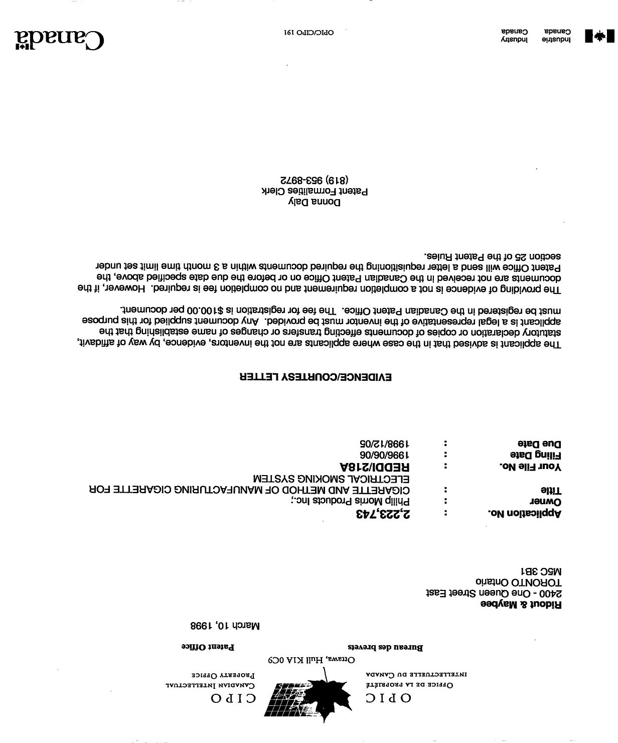 Canadian Patent Document 2223743. Correspondence 19980310. Image 1 of 1