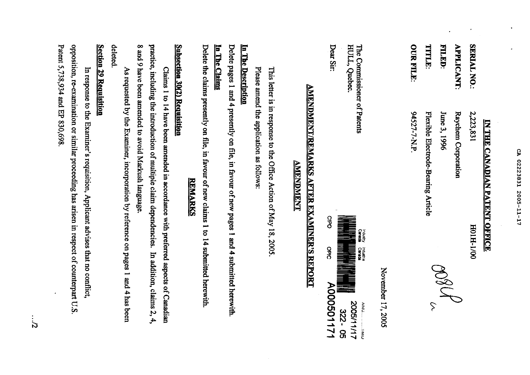 Canadian Patent Document 2223831. Prosecution-Amendment 20051117. Image 1 of 6