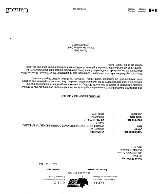 Canadian Patent Document 2223839. Correspondence 19980310. Image 1 of 1