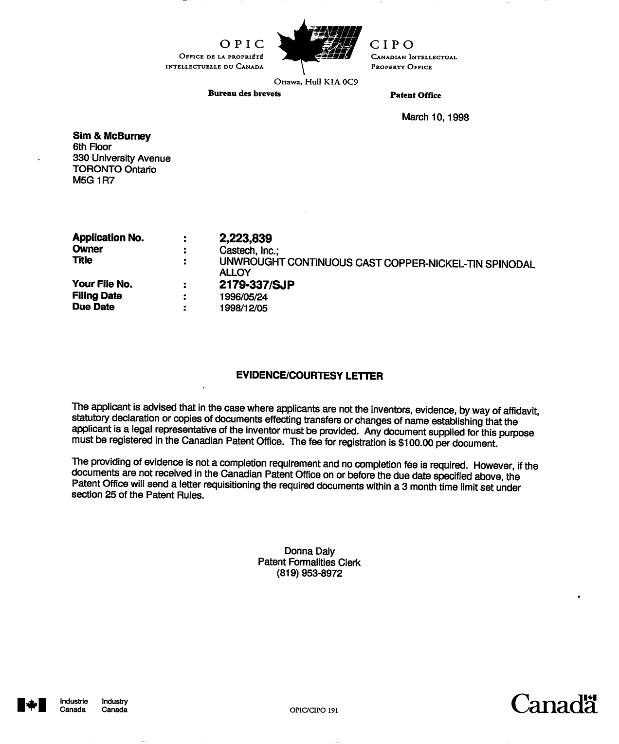 Document de brevet canadien 2223839. Correspondance 19980310. Image 1 de 1