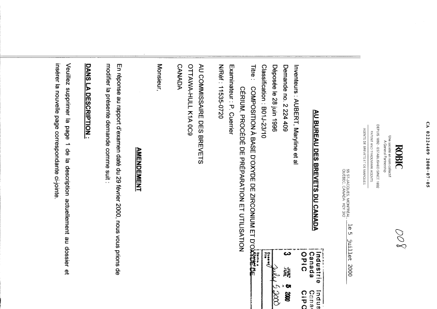 Canadian Patent Document 2224409. Prosecution-Amendment 20000705. Image 1 of 31