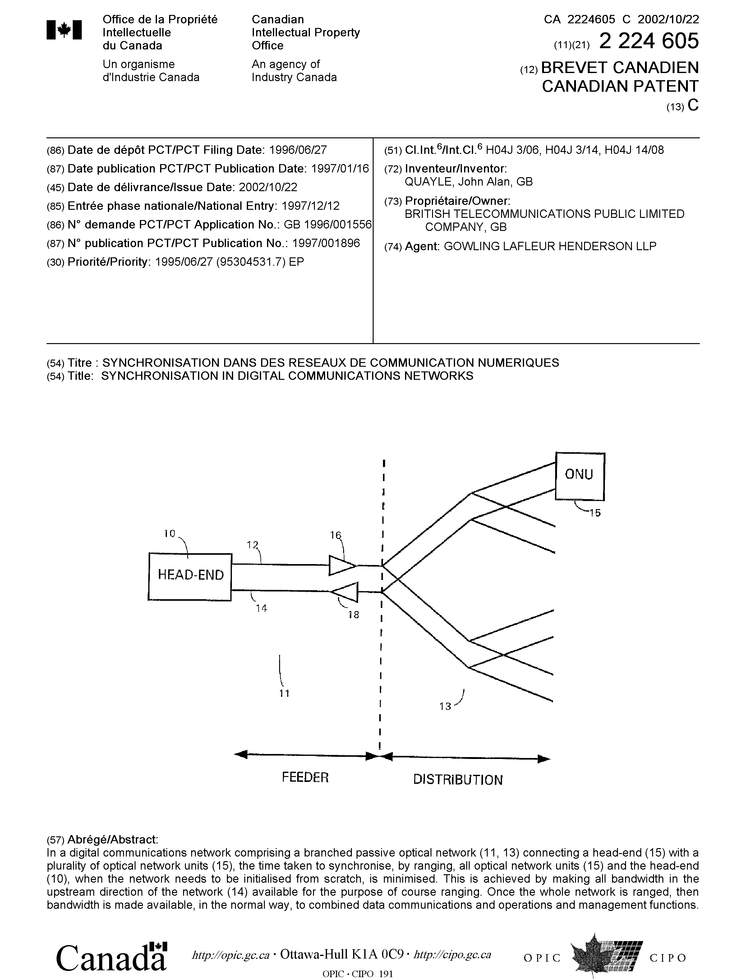 Canadian Patent Document 2224605. Cover Page 20020919. Image 1 of 1
