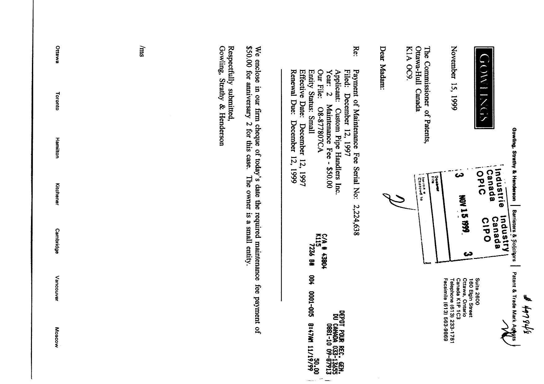 Document de brevet canadien 2224638. Taxes 19991115. Image 1 de 1