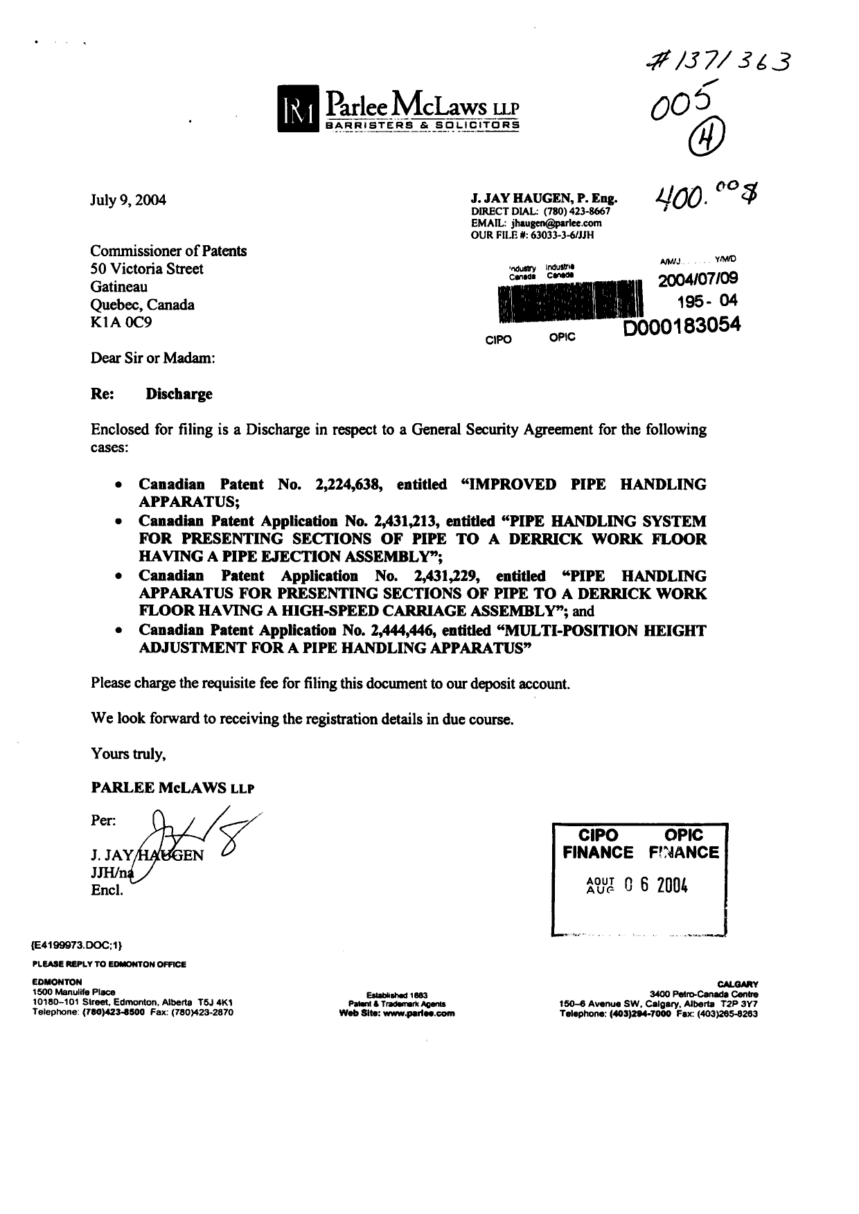 Document de brevet canadien 2224638. Cession 20040709. Image 1 de 2