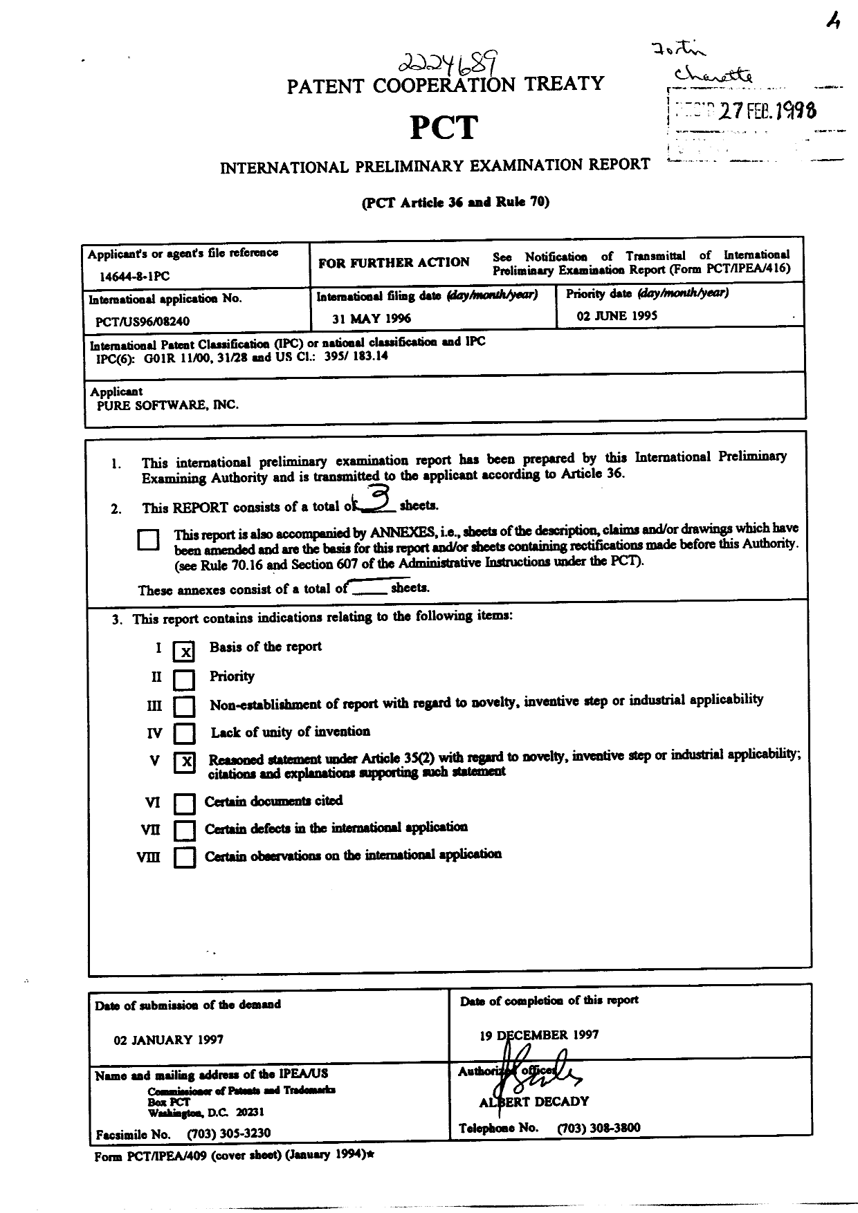 Document de brevet canadien 2224689. PCT 19980227. Image 1 de 3