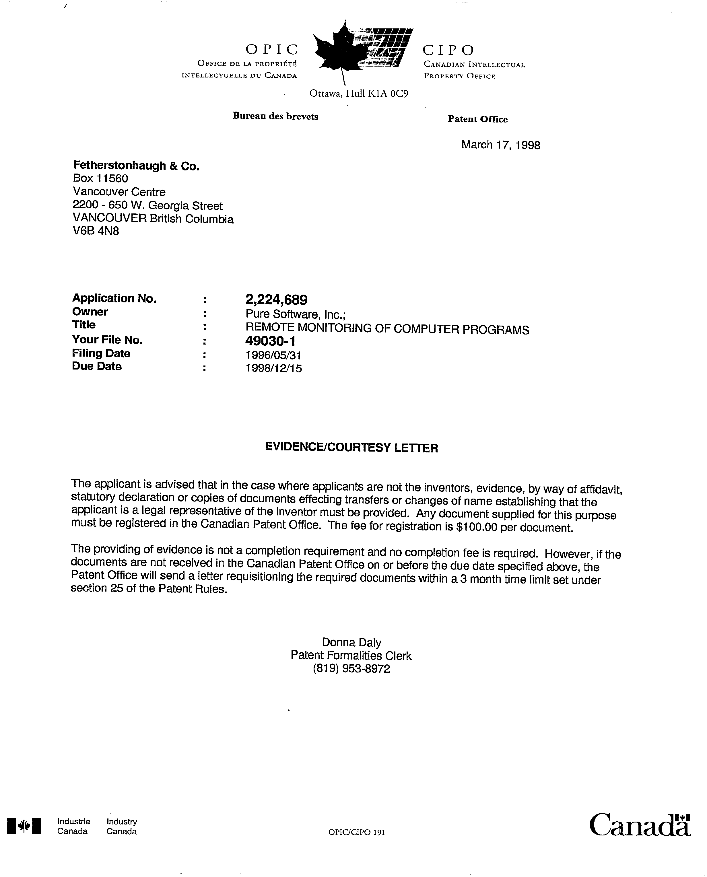 Canadian Patent Document 2224689. Correspondence 19980317. Image 1 of 1