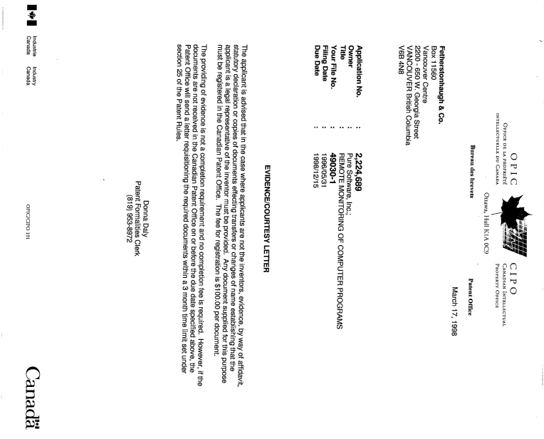 Document de brevet canadien 2224689. Correspondance 19980317. Image 1 de 1