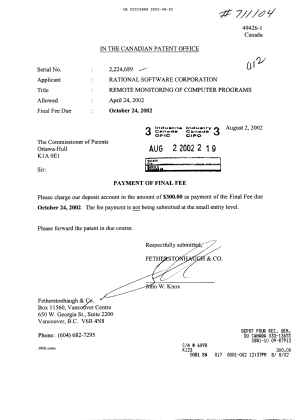 Document de brevet canadien 2224689. Correspondance 20020802. Image 1 de 1