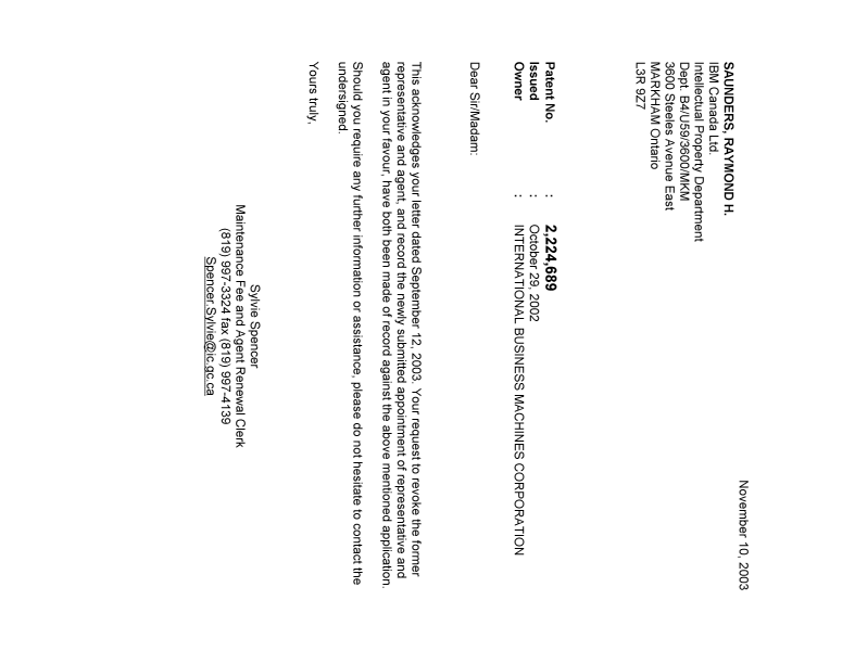 Document de brevet canadien 2224689. Correspondance 20031110. Image 1 de 1