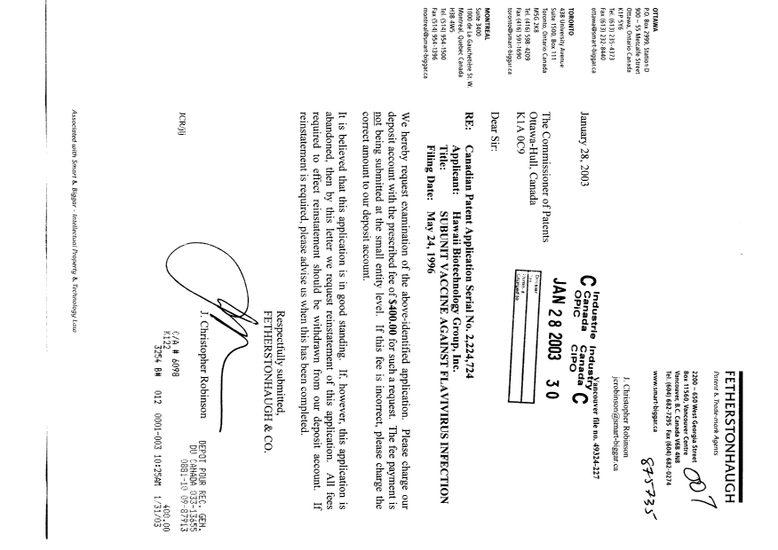 Canadian Patent Document 2224724. Prosecution-Amendment 20030128. Image 1 of 1
