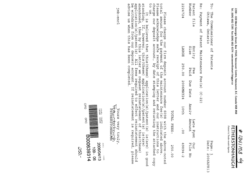 Document de brevet canadien 2224724. Taxes 20060413. Image 1 de 1