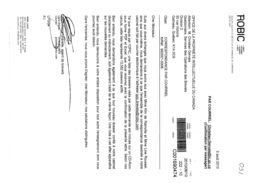 Document de brevet canadien 2224993. Correspondance 20100810. Image 1 de 1