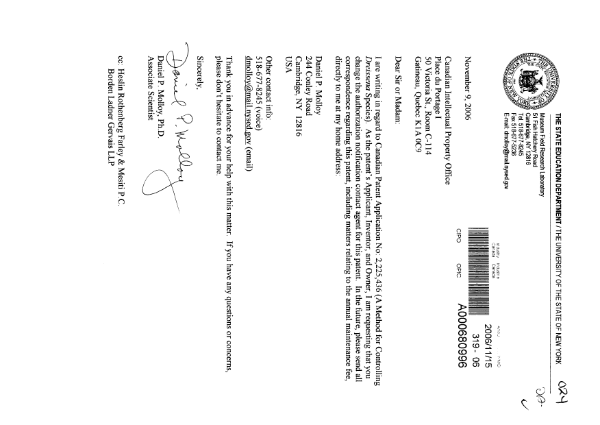 Canadian Patent Document 2225436. Correspondence 20061115. Image 1 of 1
