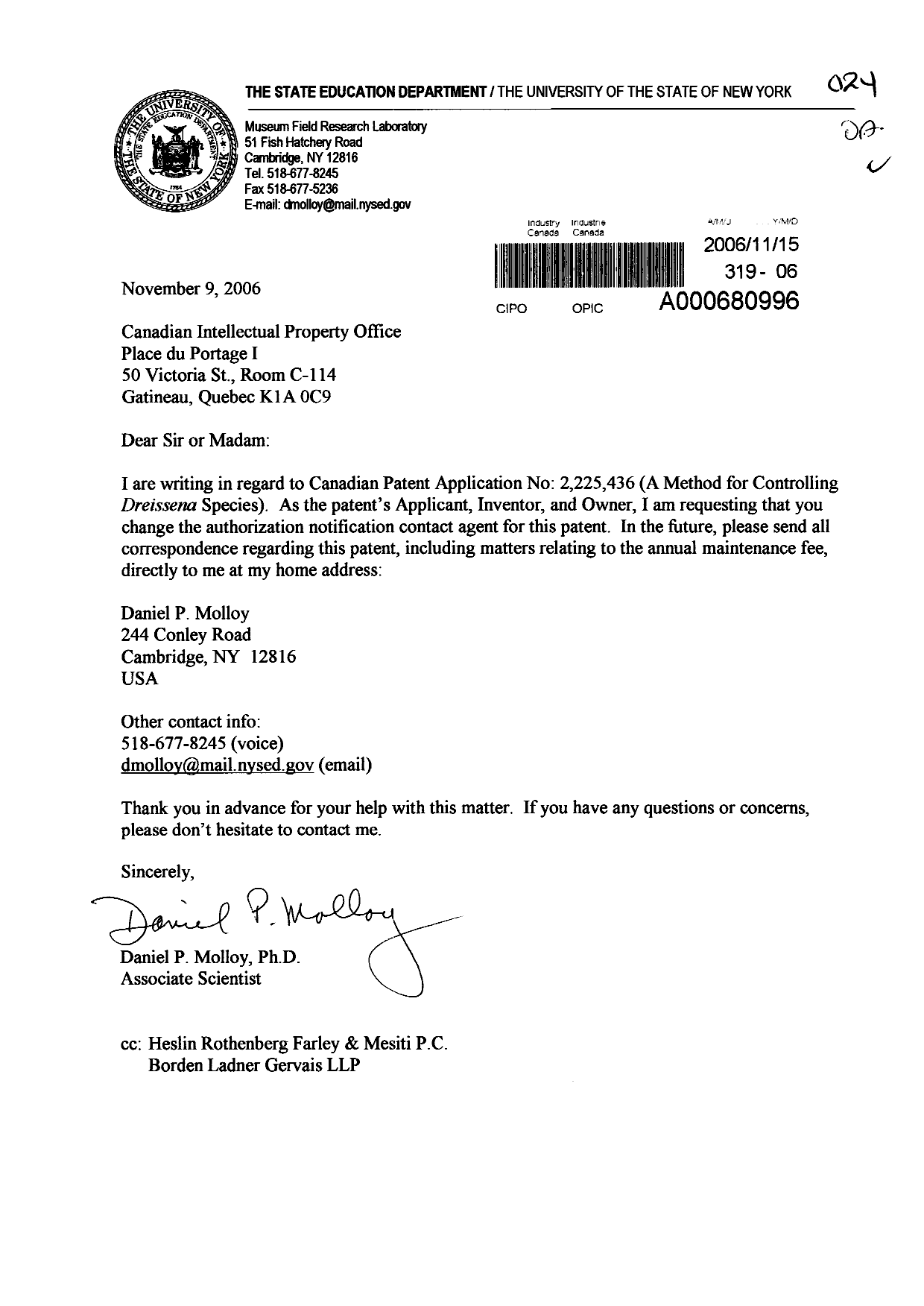 Document de brevet canadien 2225436. Correspondance 20061115. Image 1 de 1