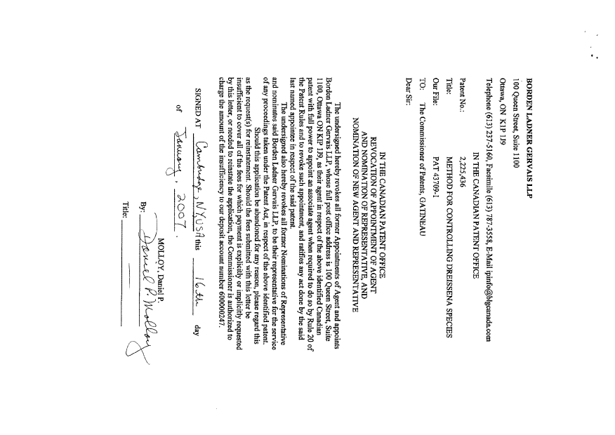 Document de brevet canadien 2225436. Correspondance 20070117. Image 2 de 2