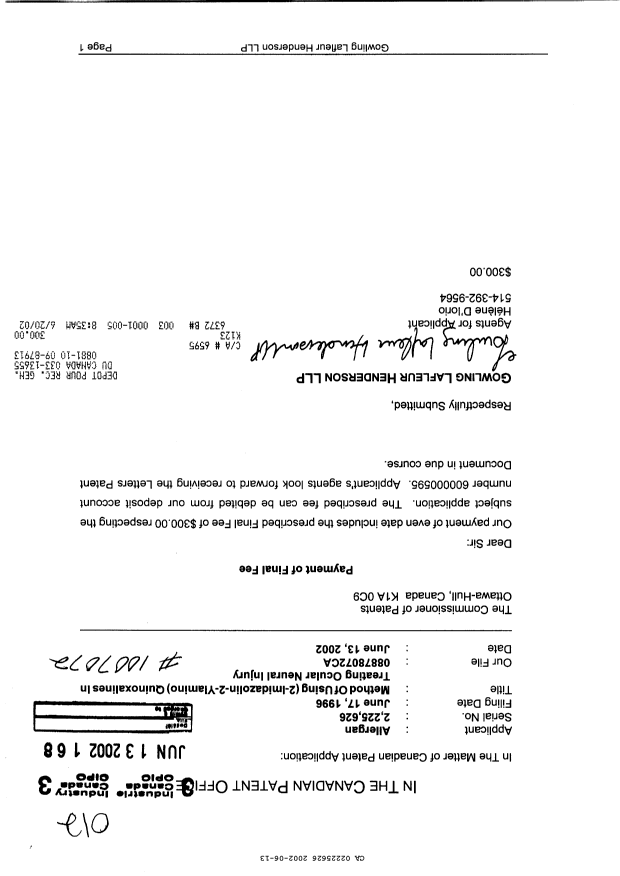 Document de brevet canadien 2225626. Correspondance 20011213. Image 1 de 1