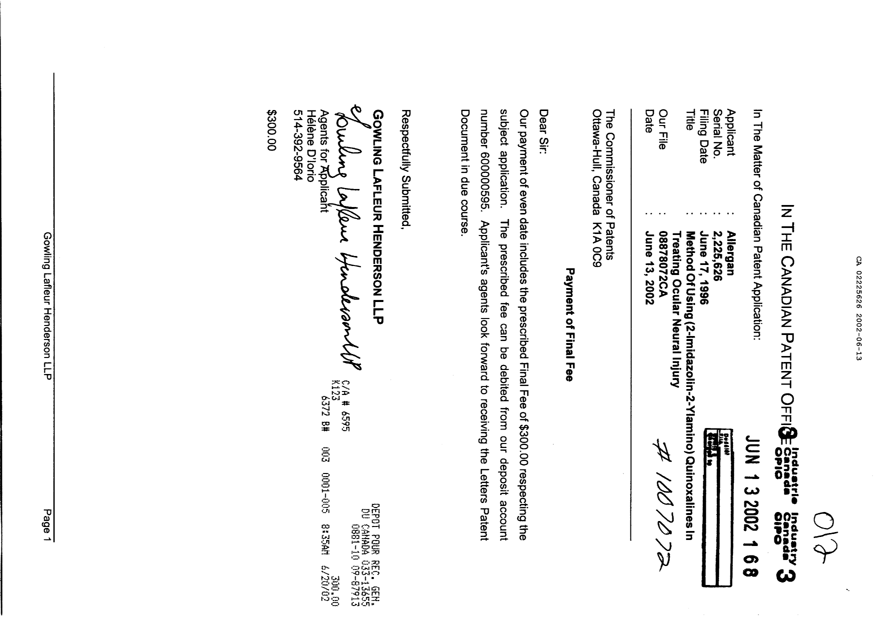 Document de brevet canadien 2225626. Correspondance 20011213. Image 1 de 1