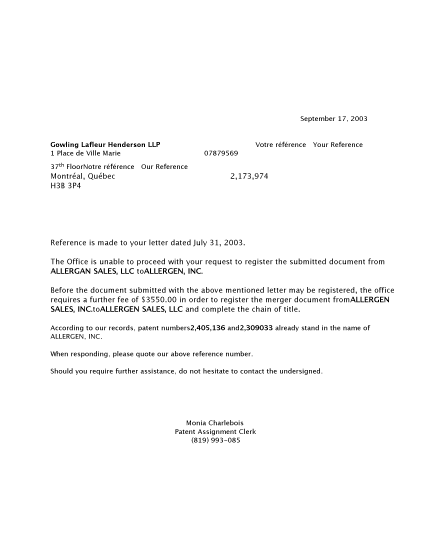 Document de brevet canadien 2225626. Correspondance 20030917. Image 1 de 1
