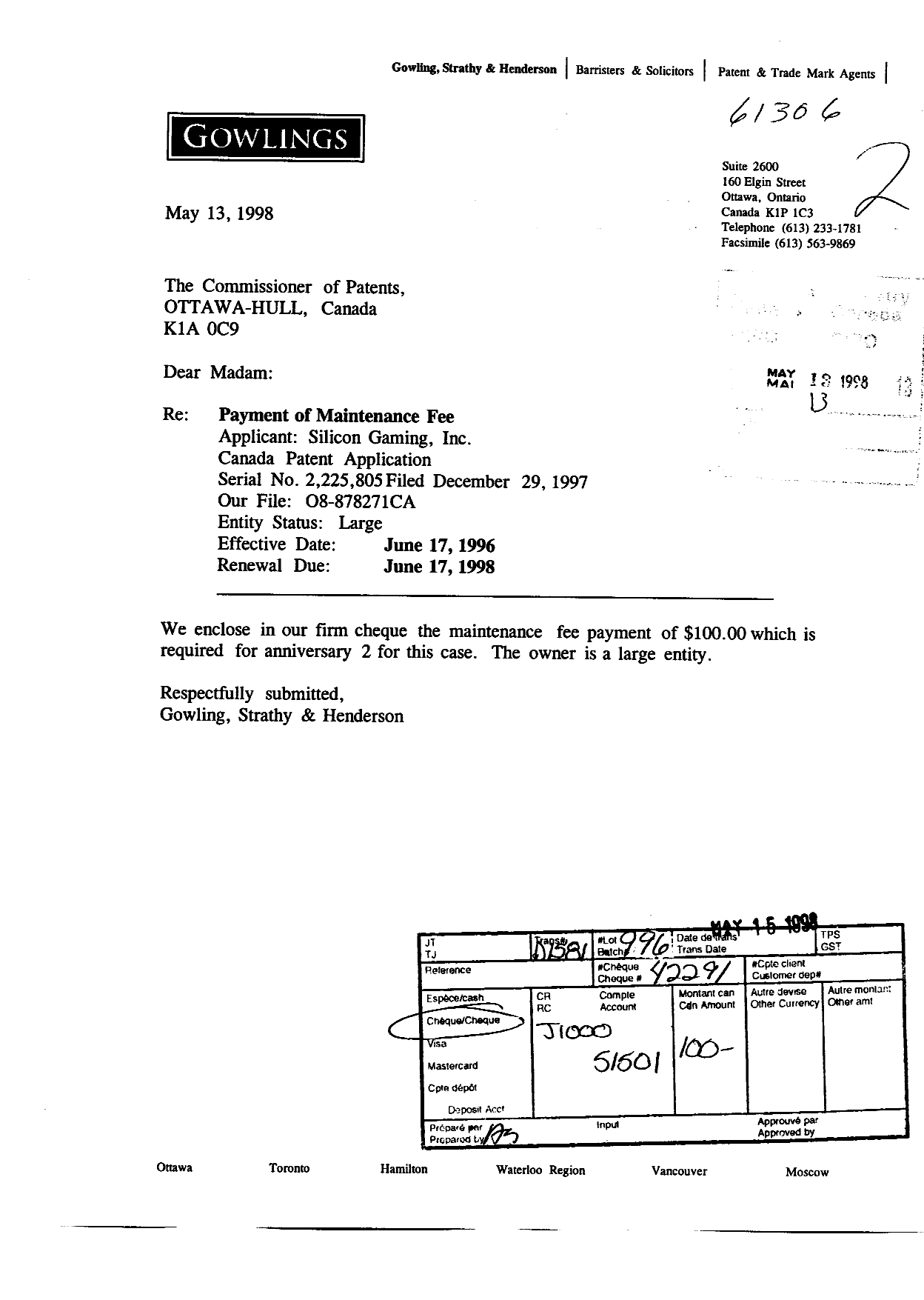 Document de brevet canadien 2225805. Taxes 19980513. Image 1 de 1