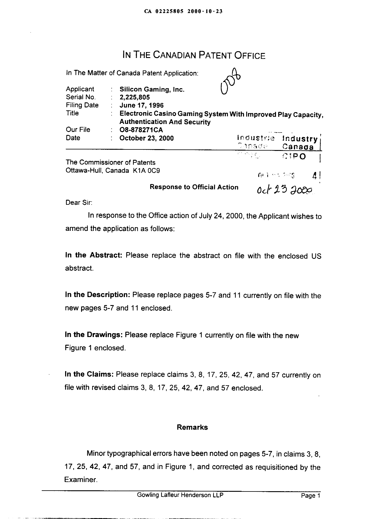 Canadian Patent Document 2225805. Prosecution-Amendment 20001023. Image 1 of 16