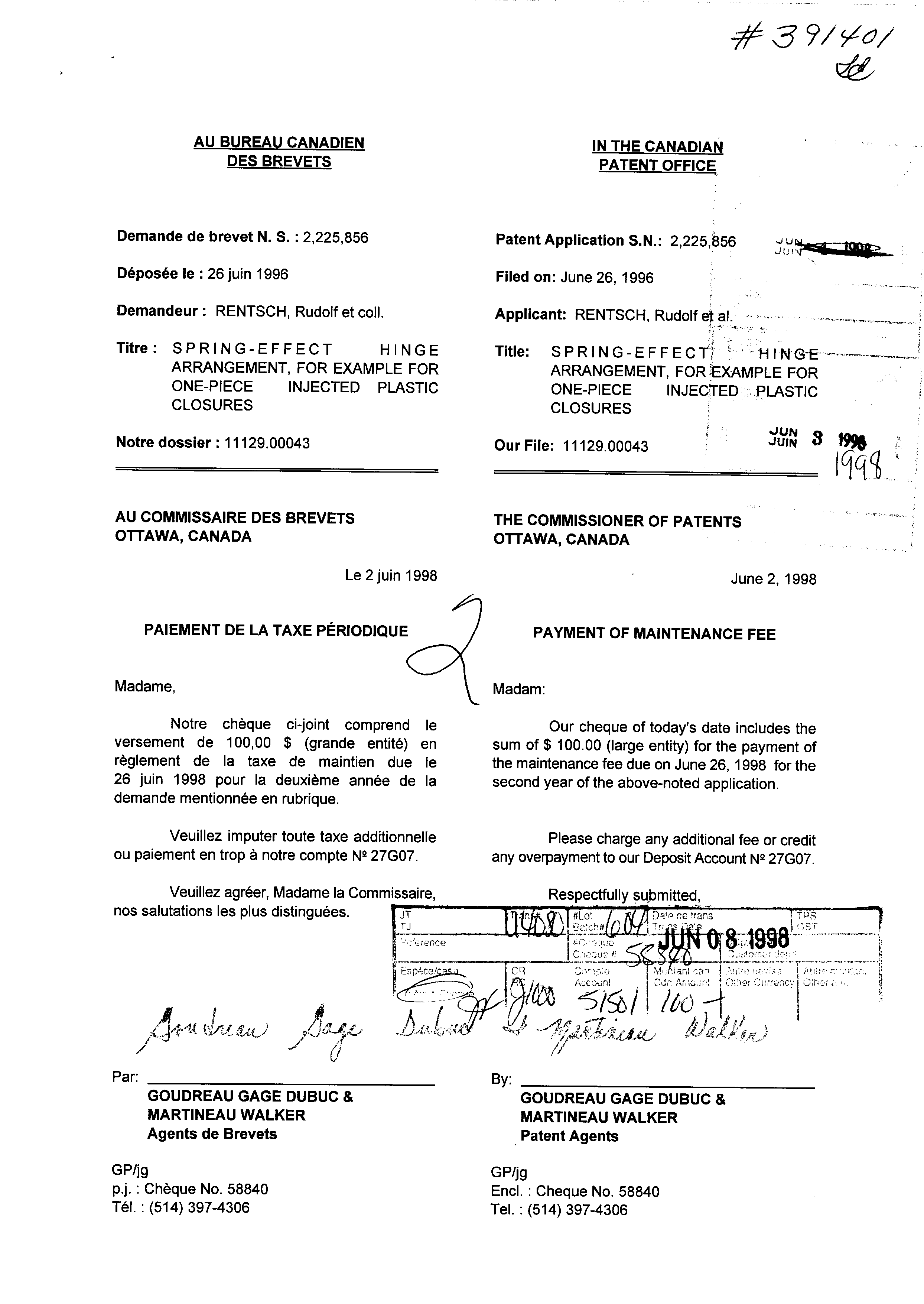 Canadian Patent Document 2225856. Fees 19980603. Image 1 of 1
