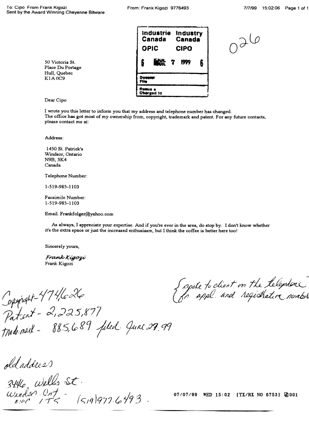 Canadian Patent Document 2225877. Correspondence 19990707. Image 1 of 1
