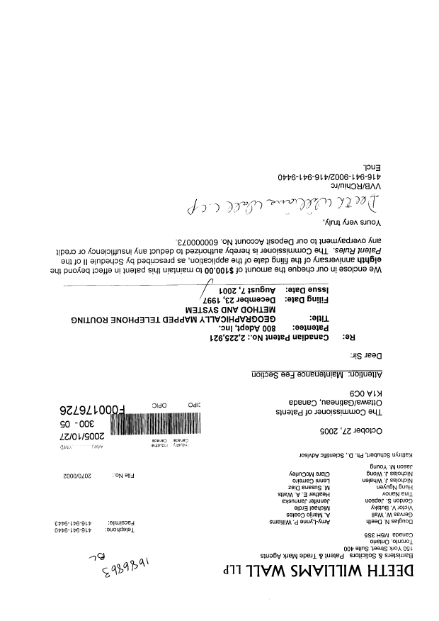 Canadian Patent Document 2225921. Fees 20051027. Image 1 of 1