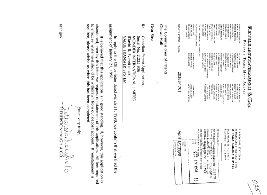 Document de brevet canadien 2225936. Cession 19980417. Image 1 de 1