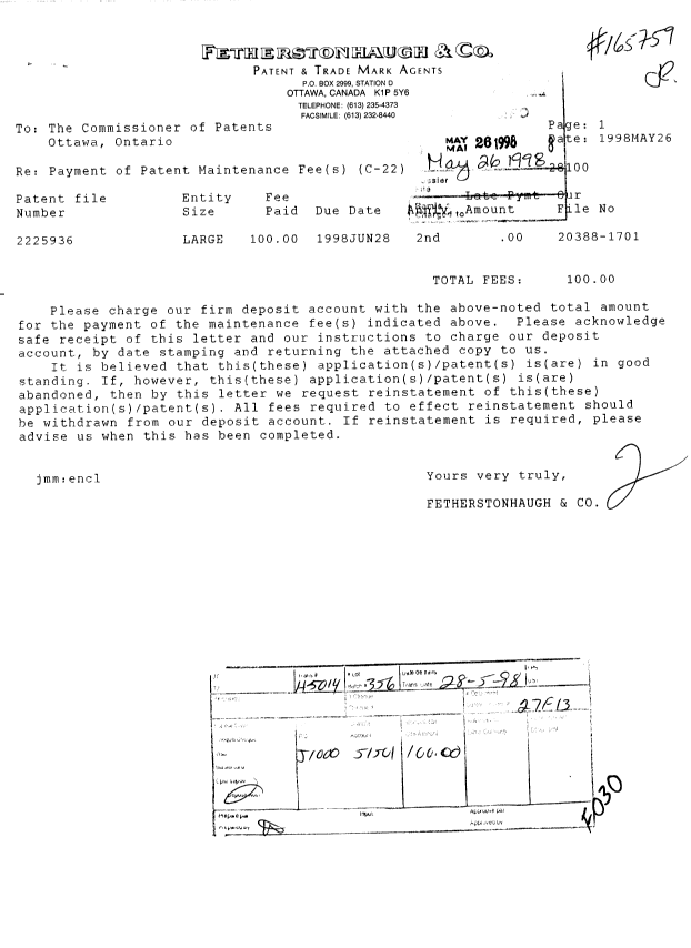 Canadian Patent Document 2225936. Fees 19980526. Image 1 of 1