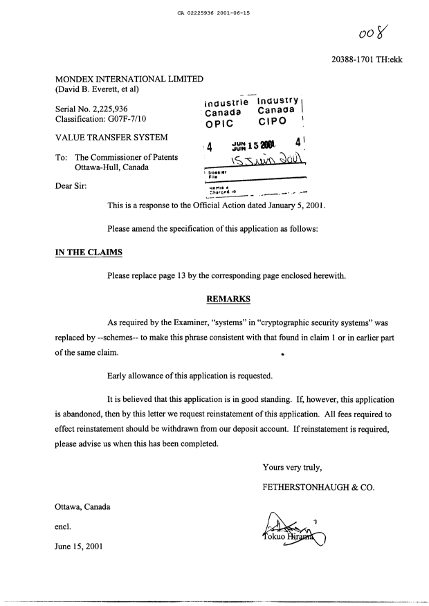 Canadian Patent Document 2225936. Prosecution-Amendment 20010615. Image 1 of 2