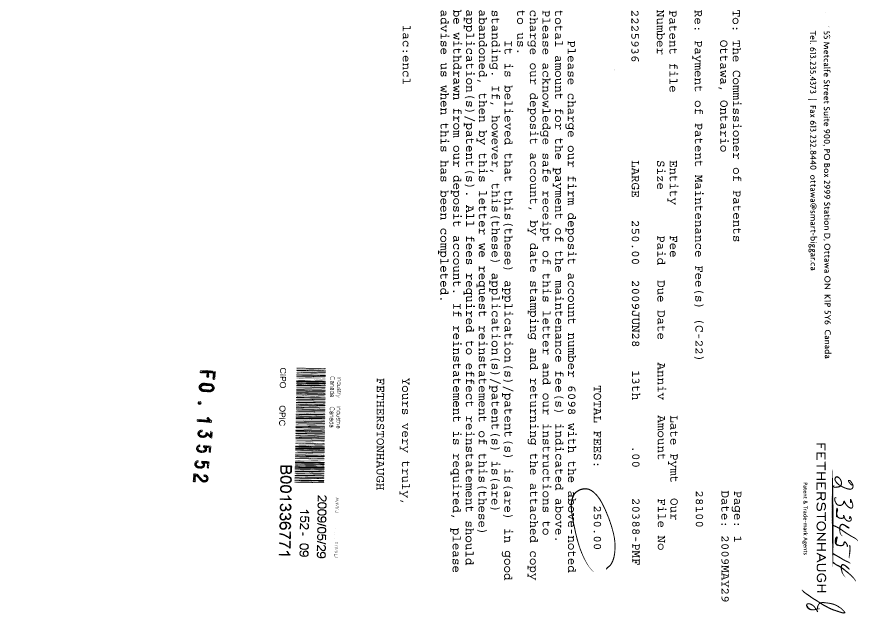 Document de brevet canadien 2225936. Taxes 20090529. Image 1 de 1
