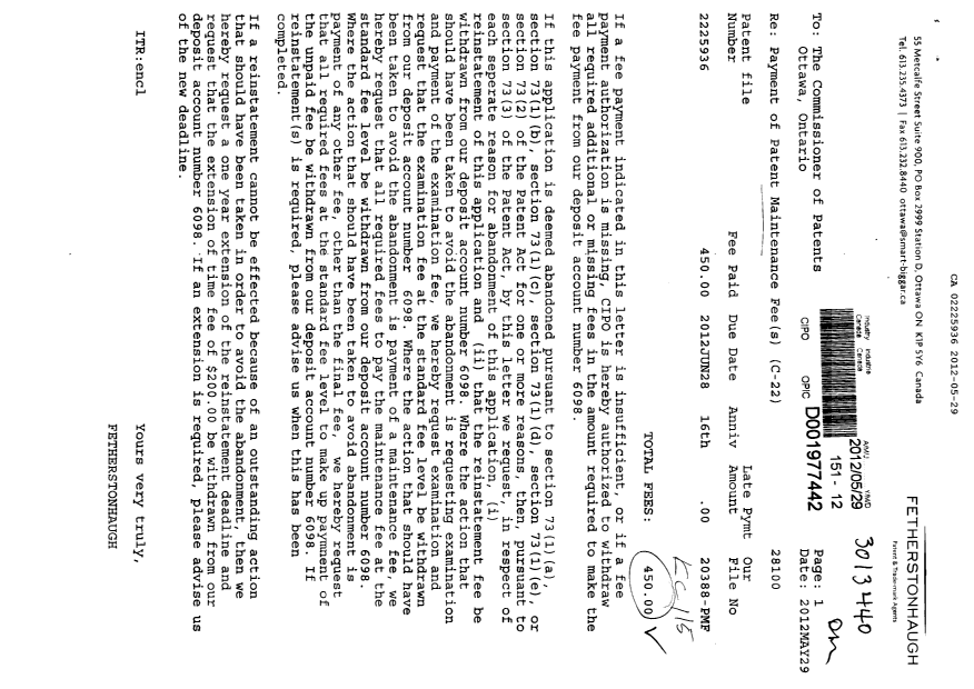 Document de brevet canadien 2225936. Taxes 20120529. Image 1 de 1