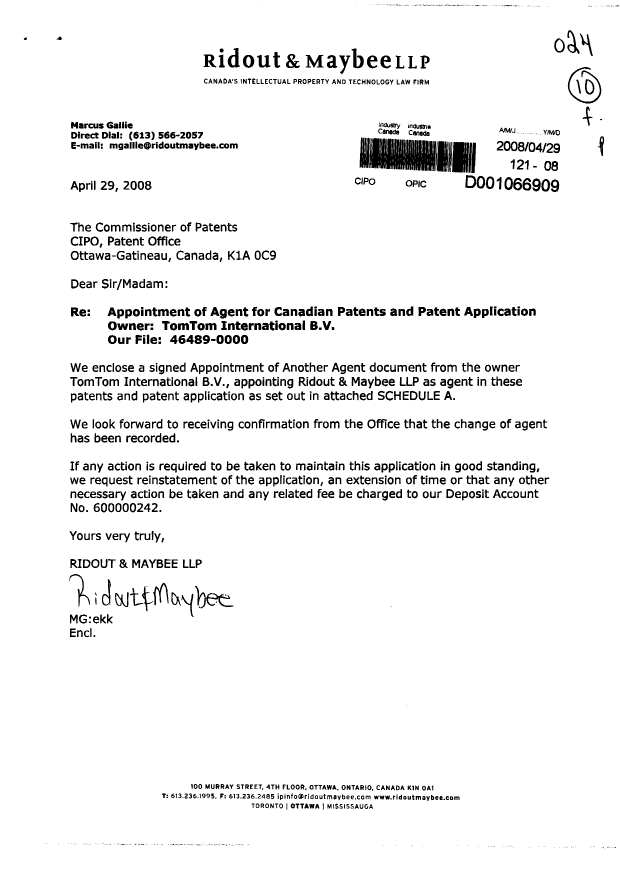 Document de brevet canadien 2225974. Correspondance 20080429. Image 1 de 3