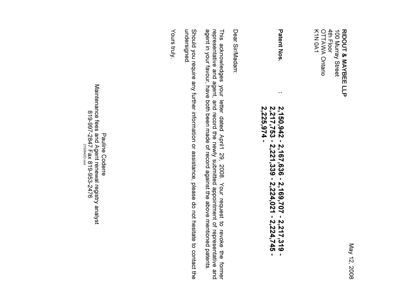 Document de brevet canadien 2225974. Correspondance 20080512. Image 1 de 1