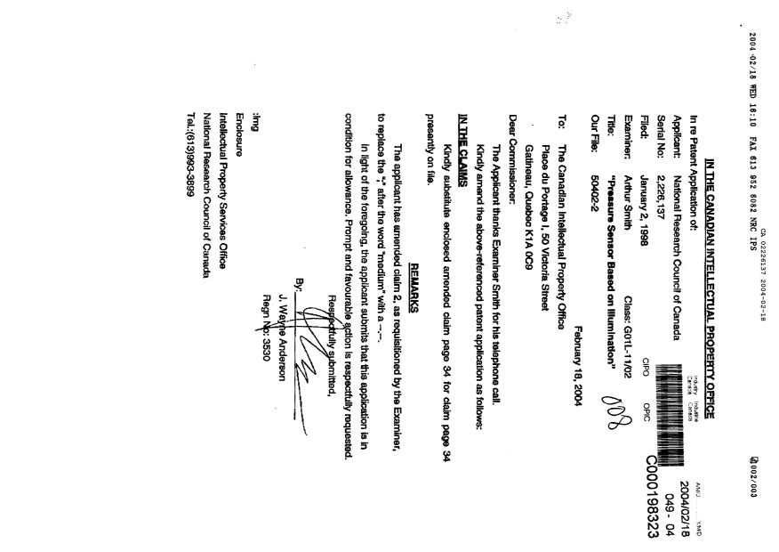 Canadian Patent Document 2226137. Prosecution-Amendment 20031218. Image 1 of 3
