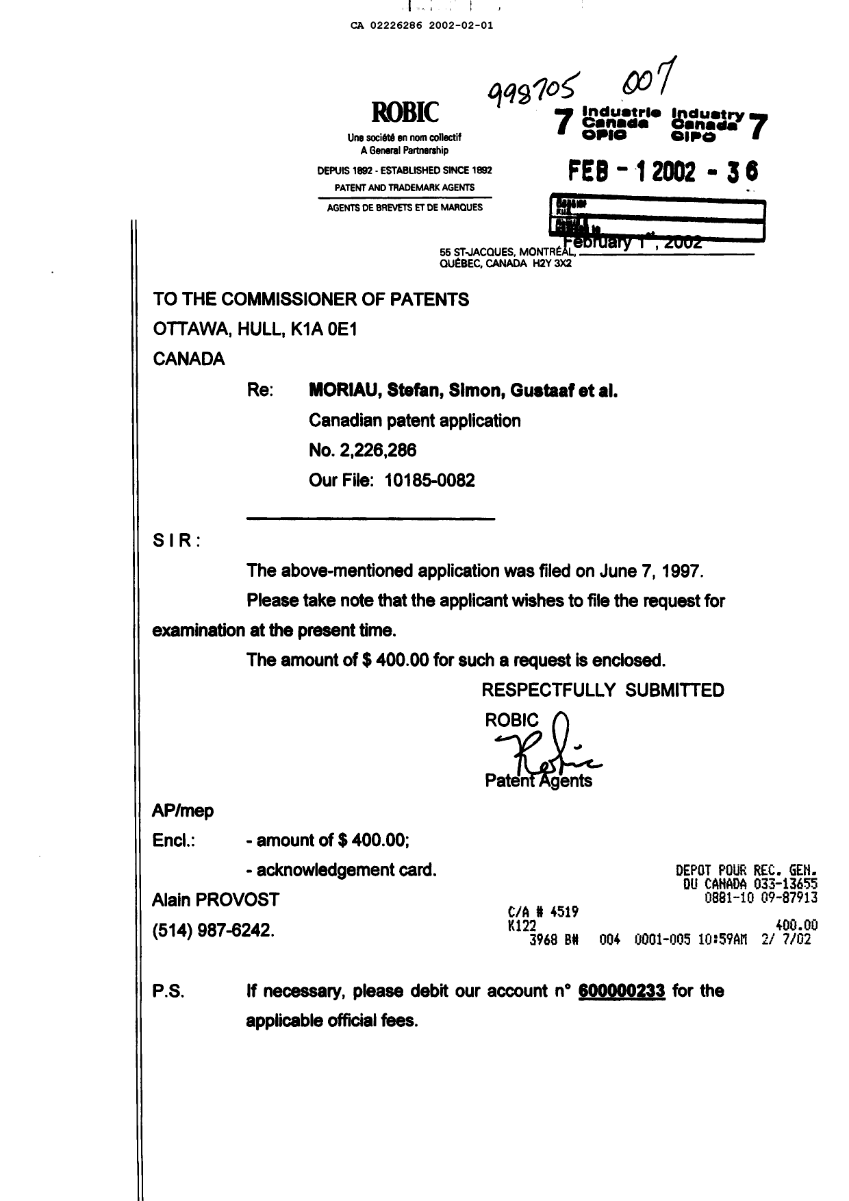 Document de brevet canadien 2226286. Poursuite-Amendment 20020201. Image 1 de 1