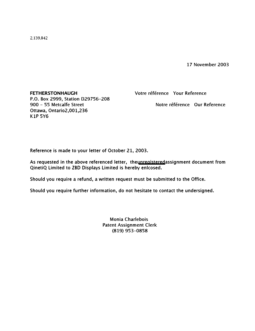 Document de brevet canadien 2226495. Correspondance 20031117. Image 1 de 1