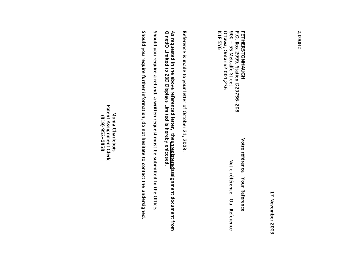 Canadian Patent Document 2226495. Correspondence 20031117. Image 1 of 1