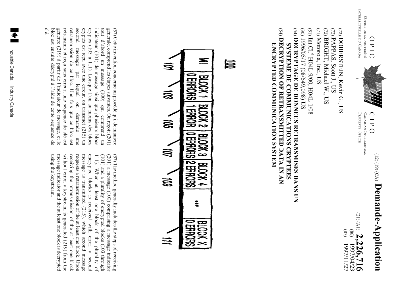 Document de brevet canadien 2226716. Page couverture 19980513. Image 1 de 1