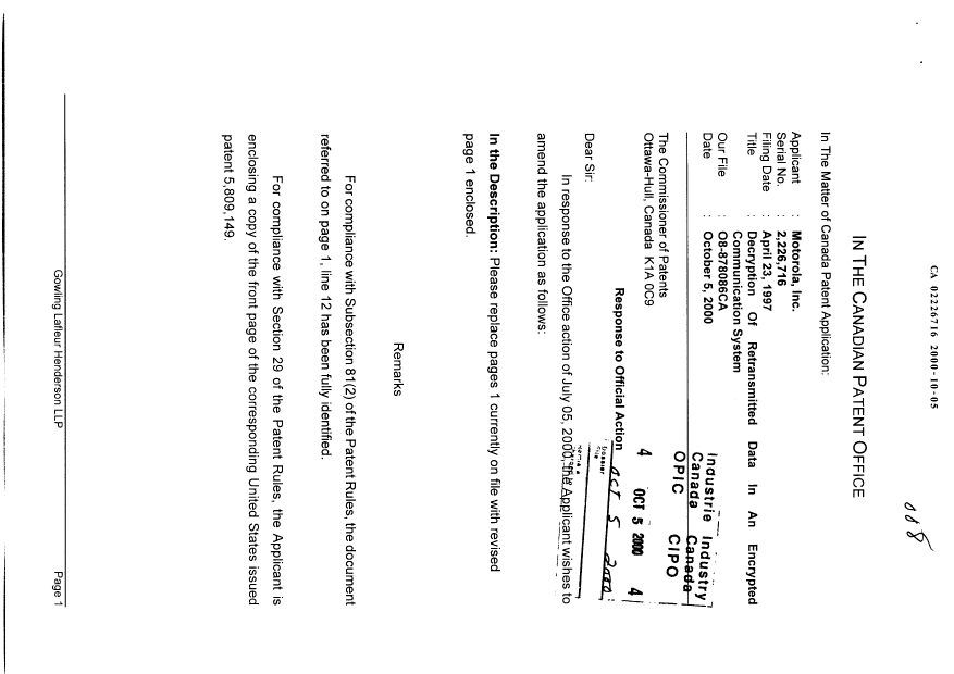 Canadian Patent Document 2226716. Prosecution-Amendment 20001005. Image 1 of 4
