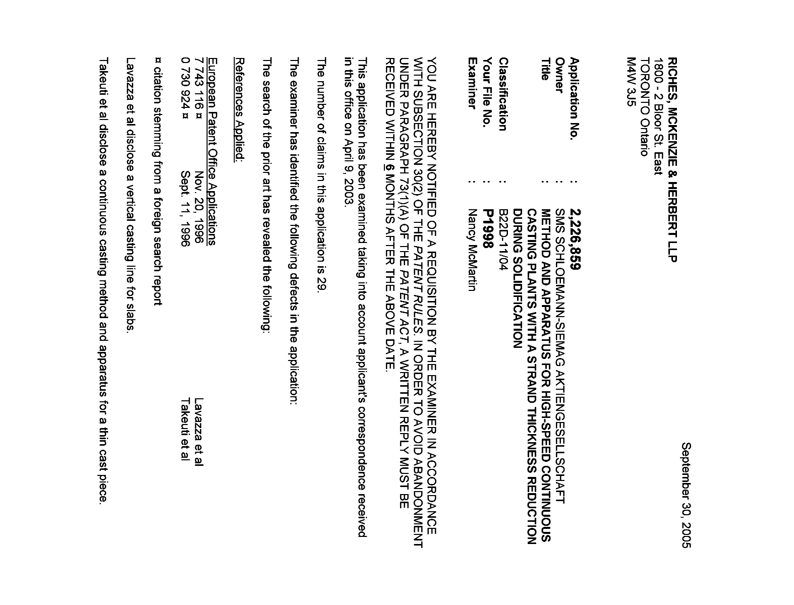 Canadian Patent Document 2226859. Prosecution-Amendment 20050930. Image 1 of 3