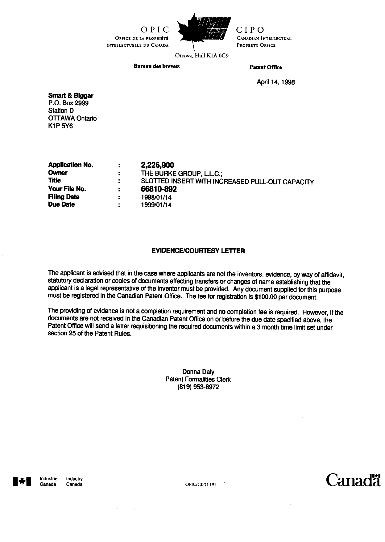 Document de brevet canadien 2226900. Correspondance 19980414. Image 1 de 1