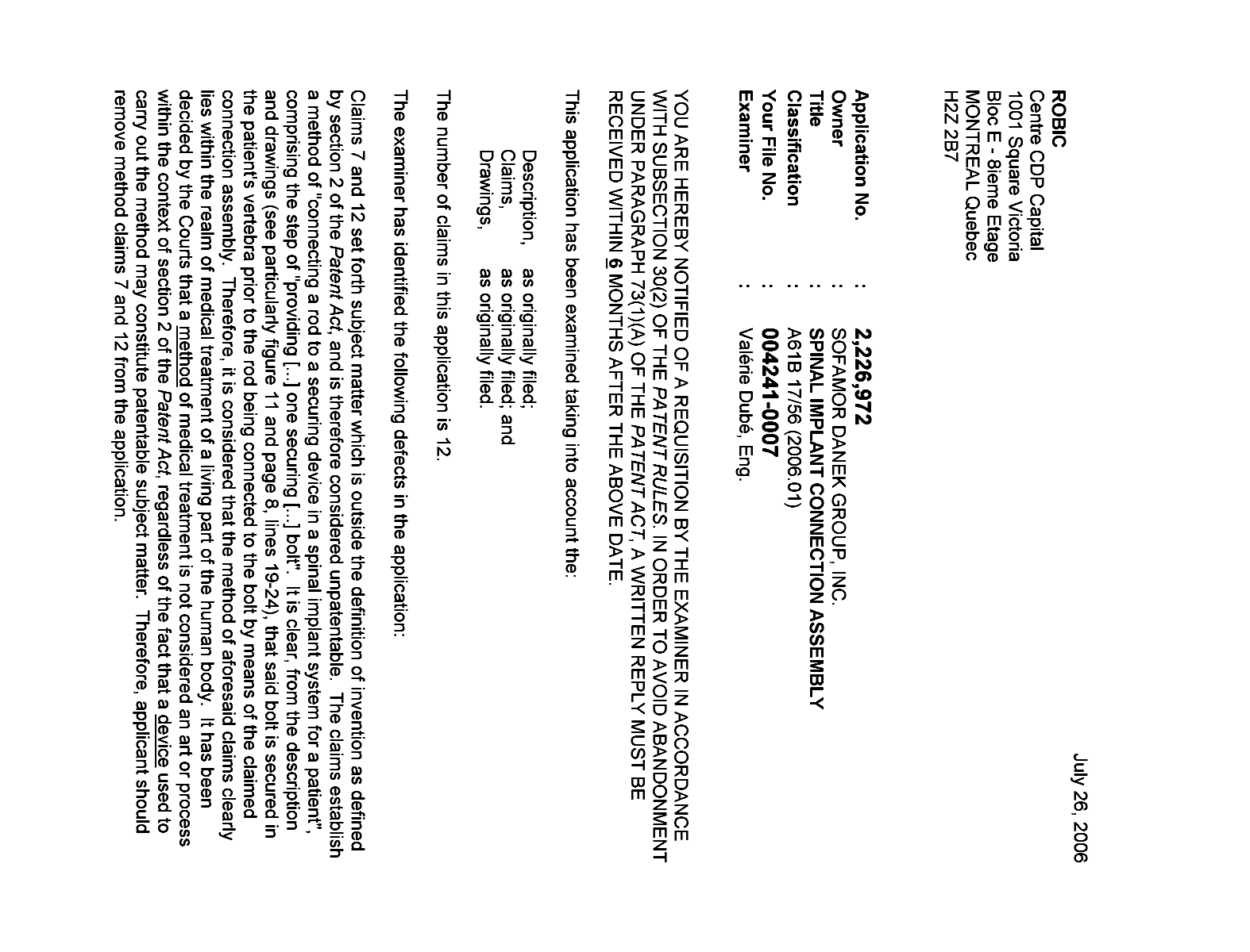 Document de brevet canadien 2226972. Poursuite-Amendment 20060726. Image 1 de 3