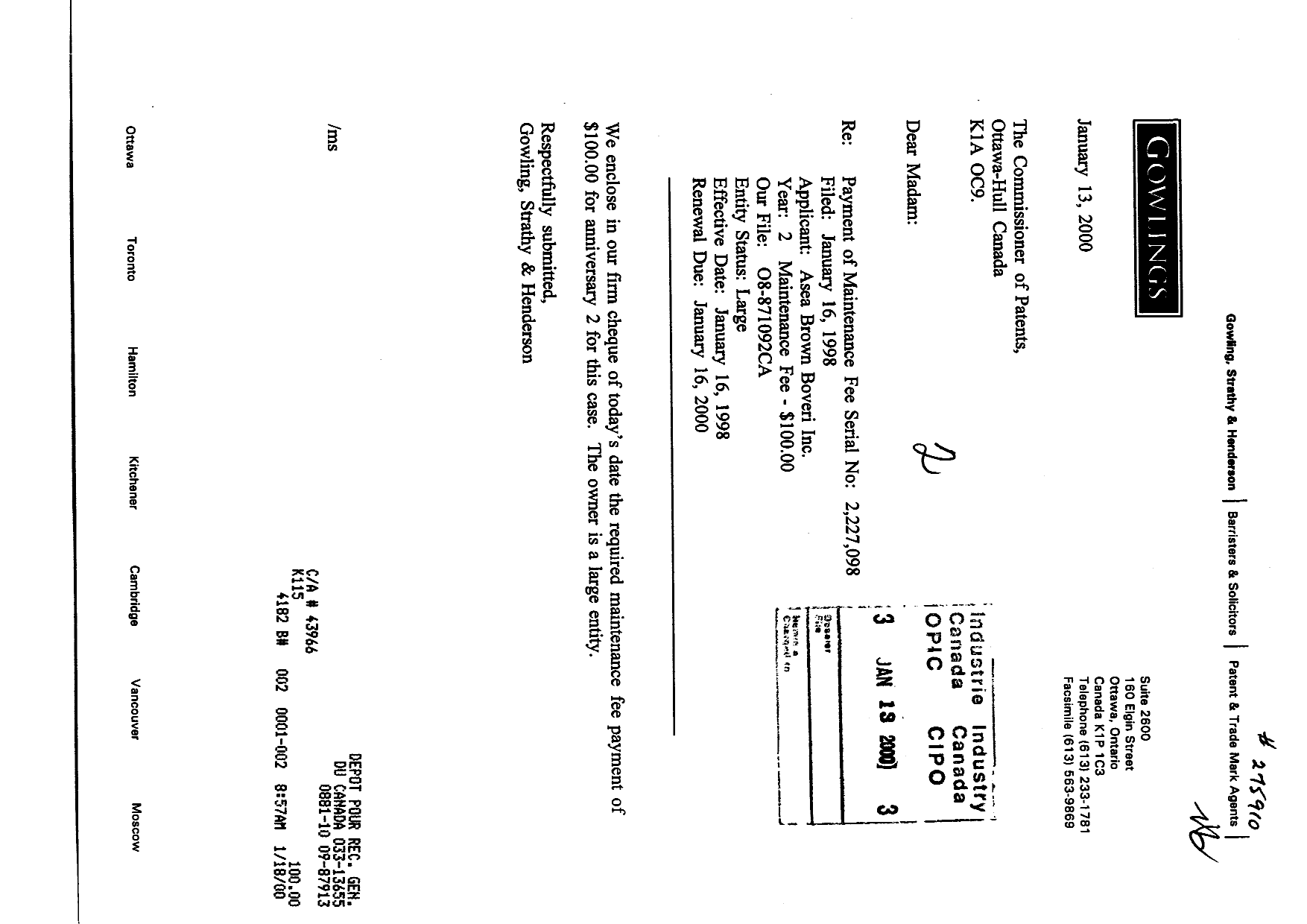 Document de brevet canadien 2227098. Taxes 20000113. Image 1 de 1