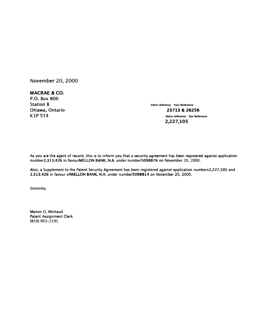 Document de brevet canadien 2227105. Correspondance 20001120. Image 1 de 1