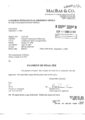 Document de brevet canadien 2227105. Correspondance 20020911. Image 1 de 1