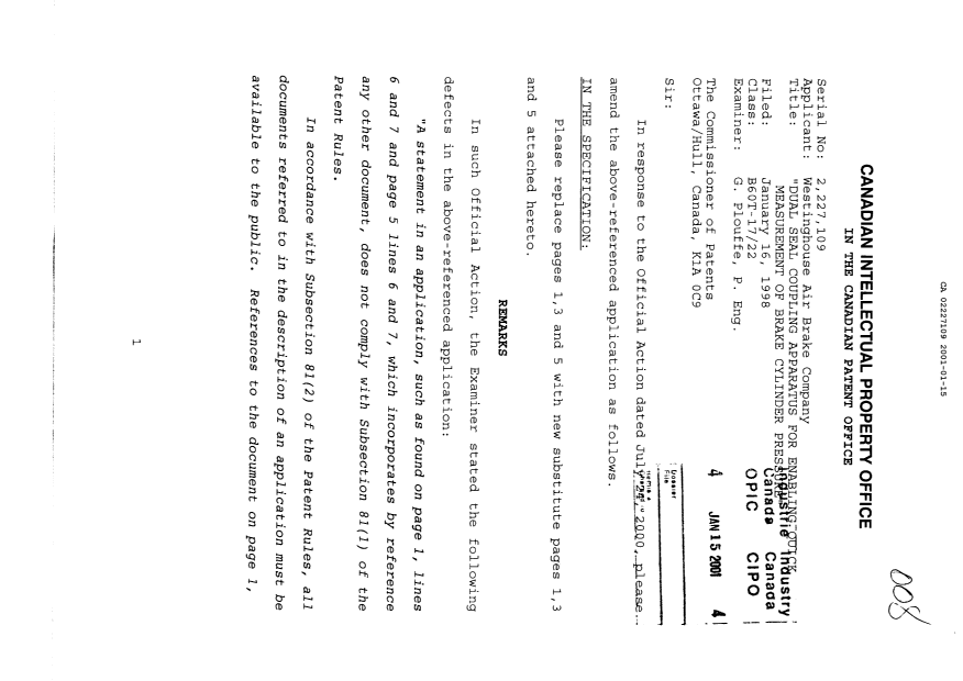 Document de brevet canadien 2227109. Poursuite-Amendment 20010115. Image 1 de 6