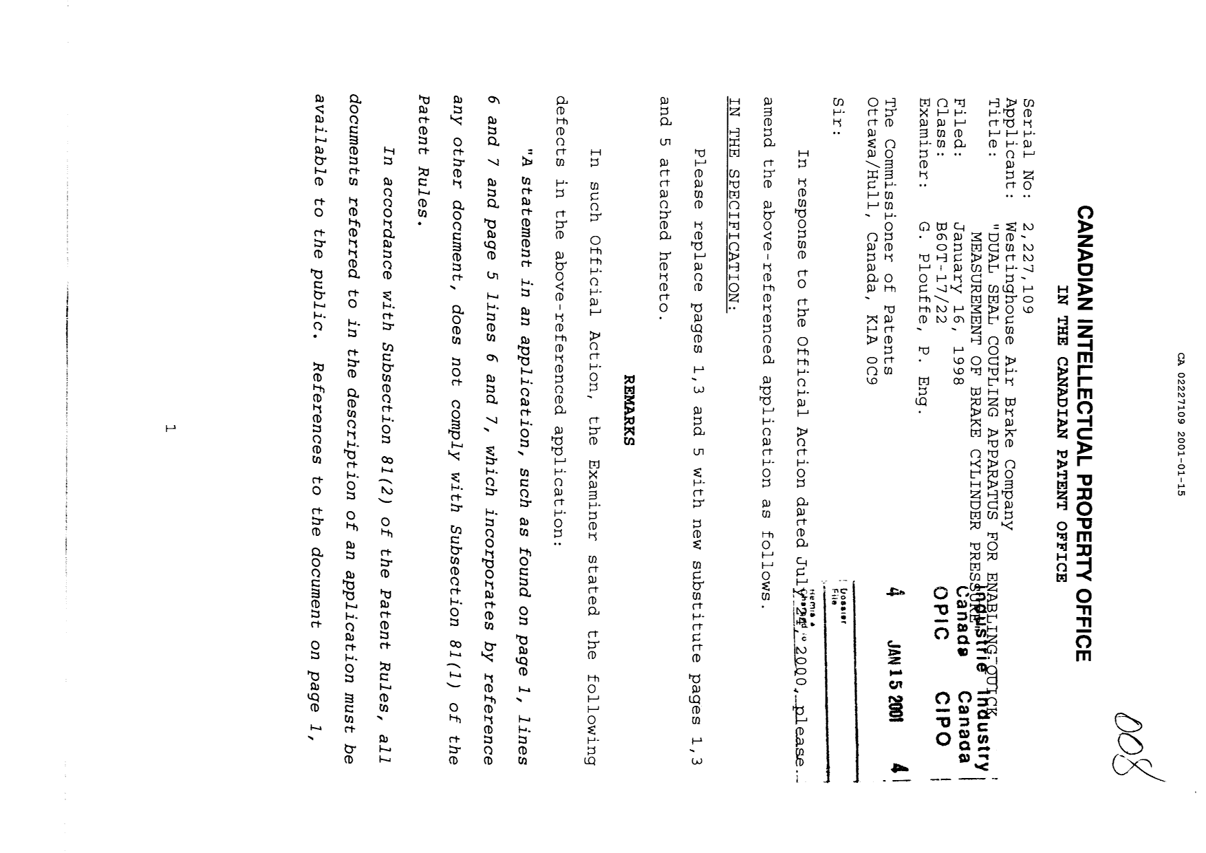 Canadian Patent Document 2227109. Prosecution-Amendment 20010115. Image 1 of 6
